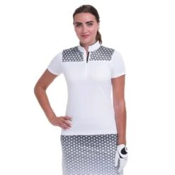 Ladies Zip Mock Polo Shirt With Patchwork White Multi