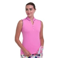 Ladies Sleeveless Y Neck Mandarin Collar Polo Shirt Rosa Multi