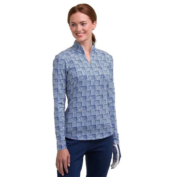 Ladies Long Sleeve Geometric Print Zip Mock Inky Multi