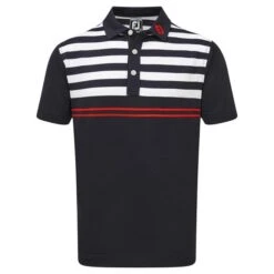 FootJoy Junior Smooth Pique With Graphic Stripes Polo Shirt Navy -White - Scarlet