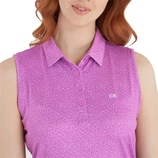 Ladies Crackle Sleeveless Polo Shirt Orchid - White - Image 6