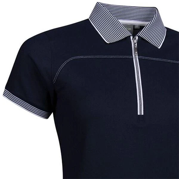 Ladies Zip Neck Performance Pique Polo Shirt Navy - White - Image 2