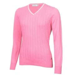 Ladies Madison Cable V-Neck Sweater Candy