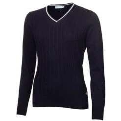 Ladies Madison Cable V-Neck Sweater Navy