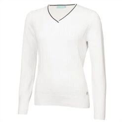 Ladies Madison Cable V-Neck Sweater White