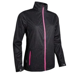 Ladies Tech-Lite Waterproof Jacket Black - Solar Pink Print